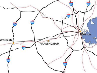 Section of Massachussets map showing Framingham Worcester Boston